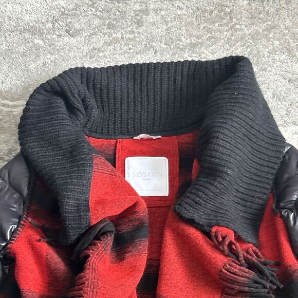 Sosken Jacket Womens Small Wool Blend Collared Buffalo Plaid Fringe Down Sleeves - Picture 2 of 12